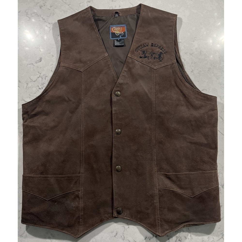 VTG Cripple Creek Suede Leather Vest Mens XL Brown Western Outlaw Express Logo